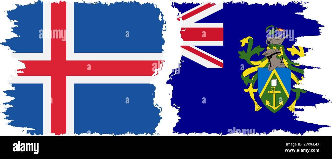 Pitcairn Islands and Iceland grunge flags connection, vector Stock Vector