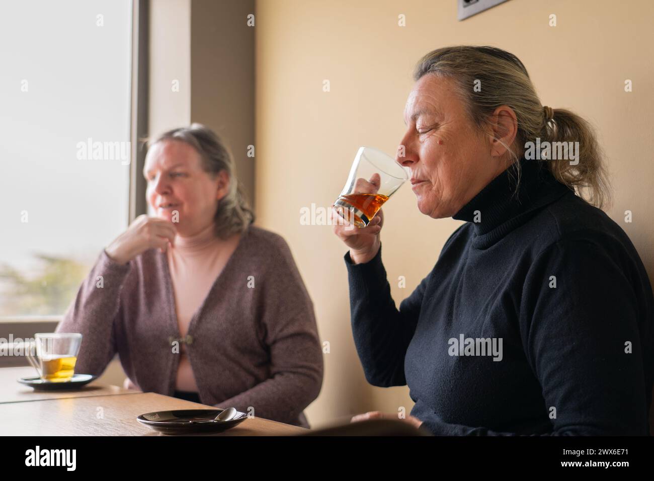 Two senior women friends in a cafe having tea Stock Photo