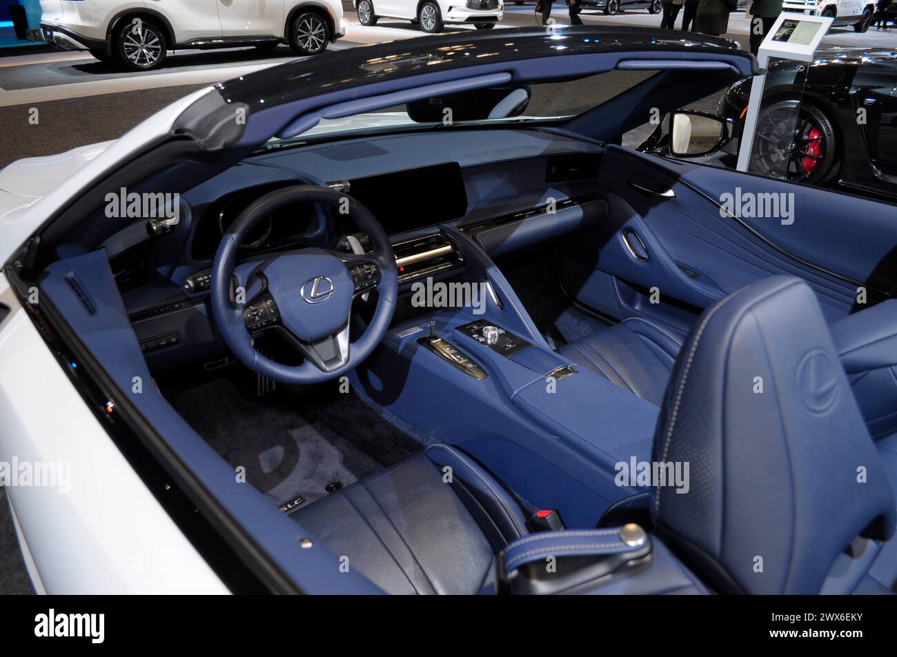 New York, United States. 27th Mar, 2024. The interior of the Lexus LC 500 Convertible vehicle is seen on the first media day at the 2024 New York International Auto Show in the Jacob K. Javits Convention Center. The annual NYIAS in Manhattan, New York City featured various car companies, debuts of new vehicles and automobile industry professionals. The show which opens to the public on March 29 and ends on April 7, attracts thousands of car enthusiasts. The NYIAS began in 1900 showcasing automobiles and examples of future car technology. Credit: SOPA Images Limited/Alamy Live News Stock Photo