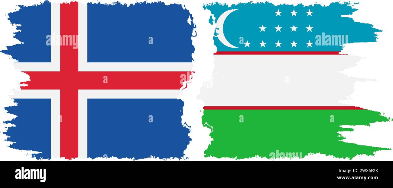 Uzbekistan and Iceland grunge flags connection, vector Stock Vector