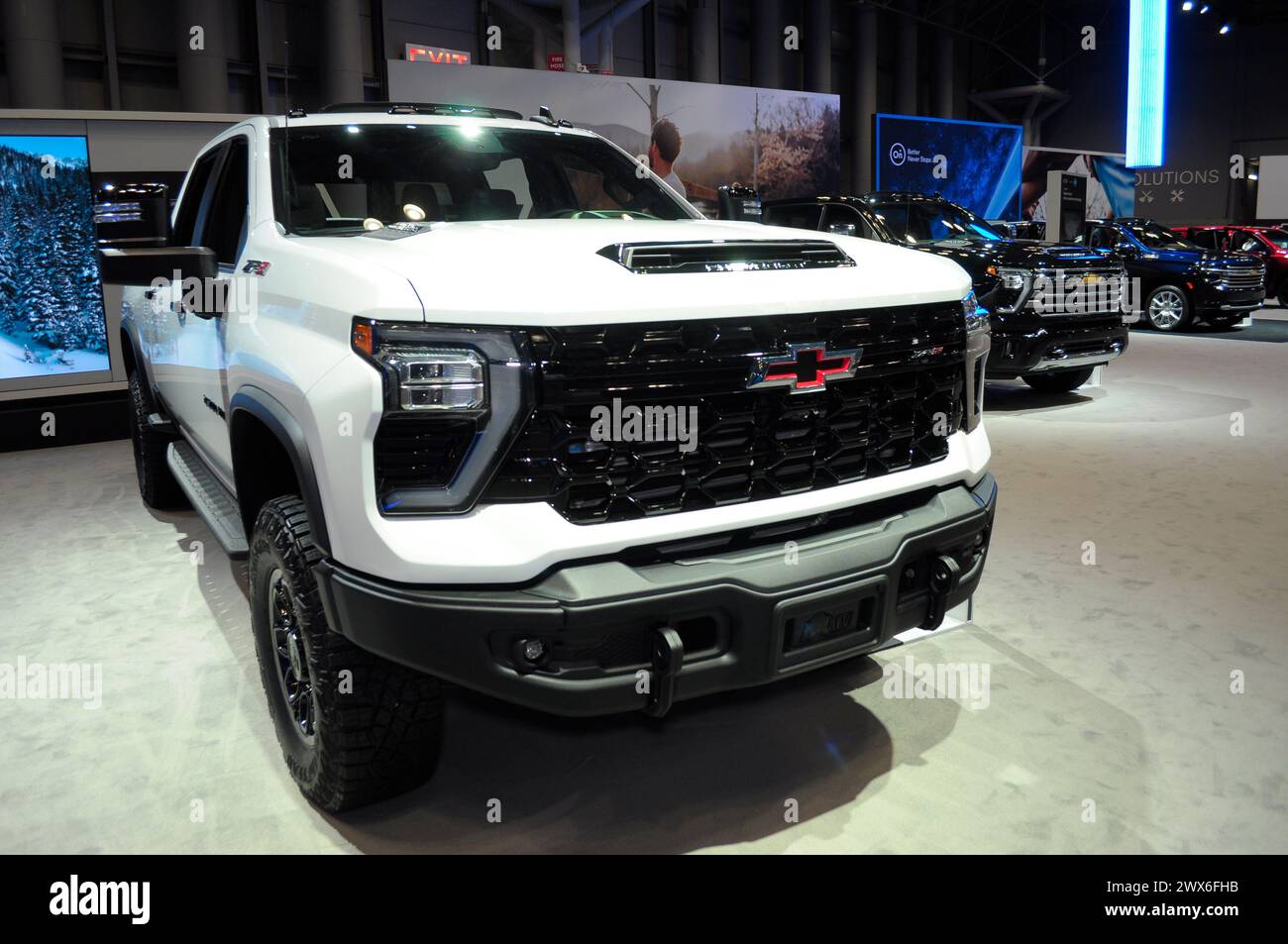 A 2024 Chevrolet Silverado HD ZR2 Bison vehicle is seen on the first media day at the 2024 New York International Auto Show in the Jacob K. Javits Convention Center. The annual NYIAS in Manhattan, New York City featured various car companies, debuts of new vehicles and automobile industry professionals. The show which opens to the public on March 29 and ends on April 7, attracts thousands of car enthusiasts. The NYIAS began in 1900 showcasing automobiles and examples of future car technology. (Photo by Jimin Kim/SOPA Images/Sipa USA) Stock Photo