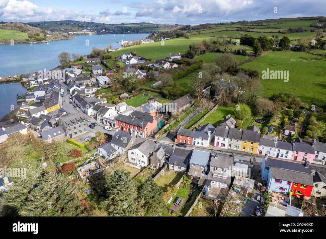 Aerial picture of the fishing village of Union Hall, West Cork, Ireland. Stock Photo
