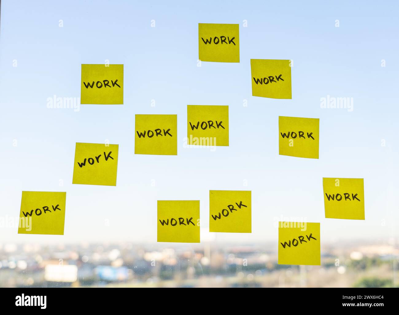 many post it notes with the word work written Stock Photo