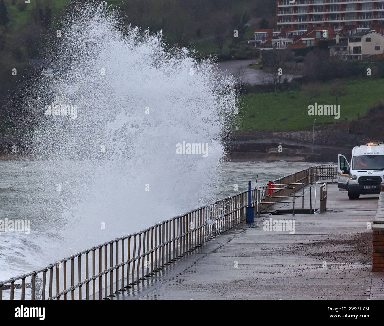 Teignmouth, Devon, UK. 28th Mar, 2024. UK weather Big waves hitting