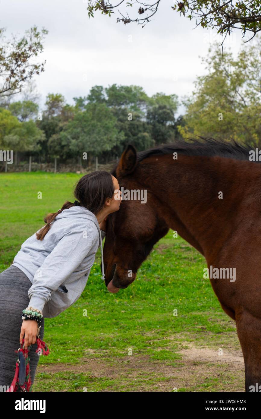 Girl giving a kiss to a horse Stock Photo