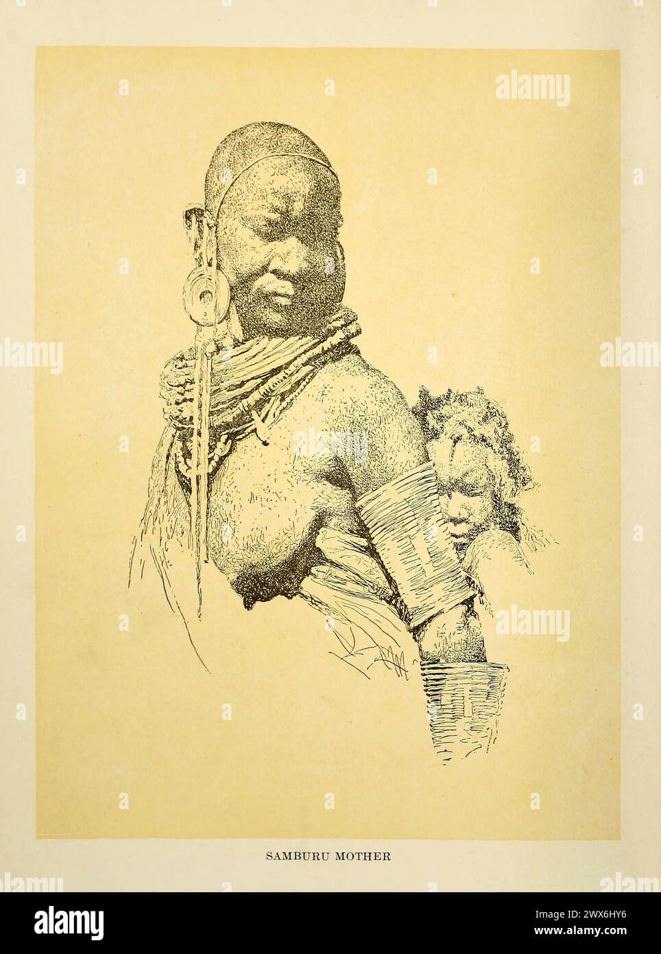 Portrait of Samburu Mother with child.  Vintage Etching of Indigenous habitants of East Africa.     from Natural History 1927 Stock Photo