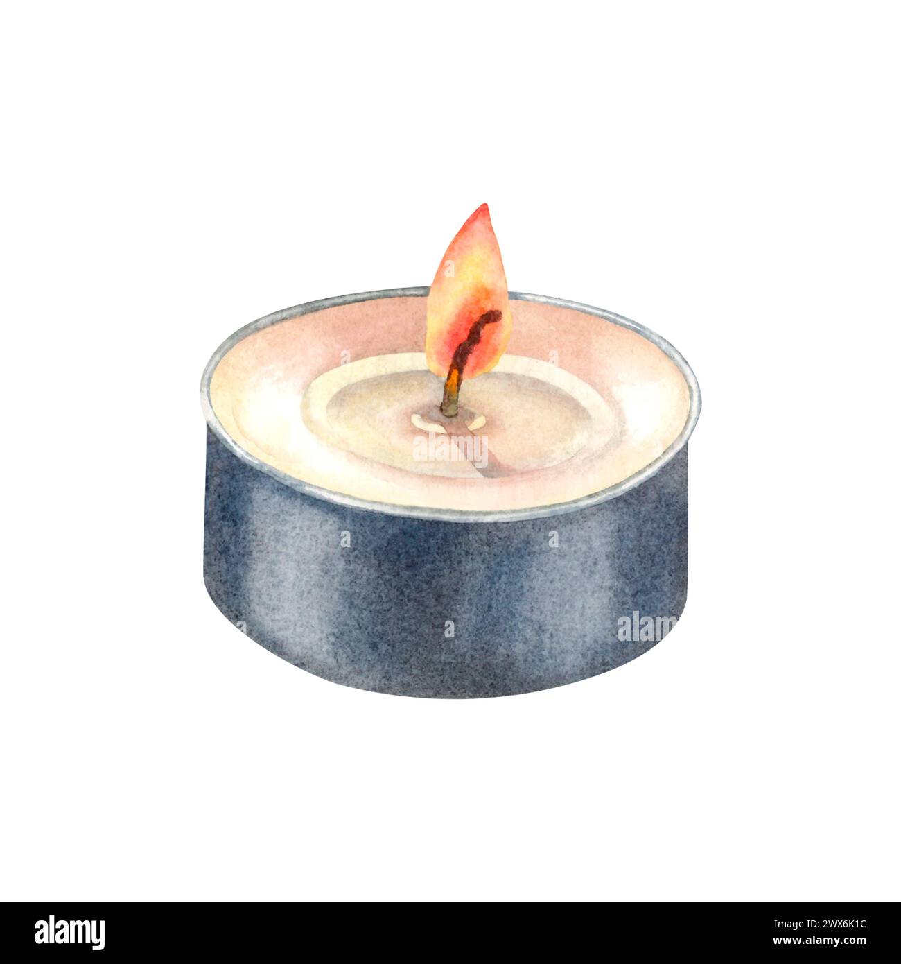 Mini-Sized Candles of white paraffin wax complete with an aluminum base and cotton wick with candle's gentle glow. Hand drawn watercolor illustration Stock Photo