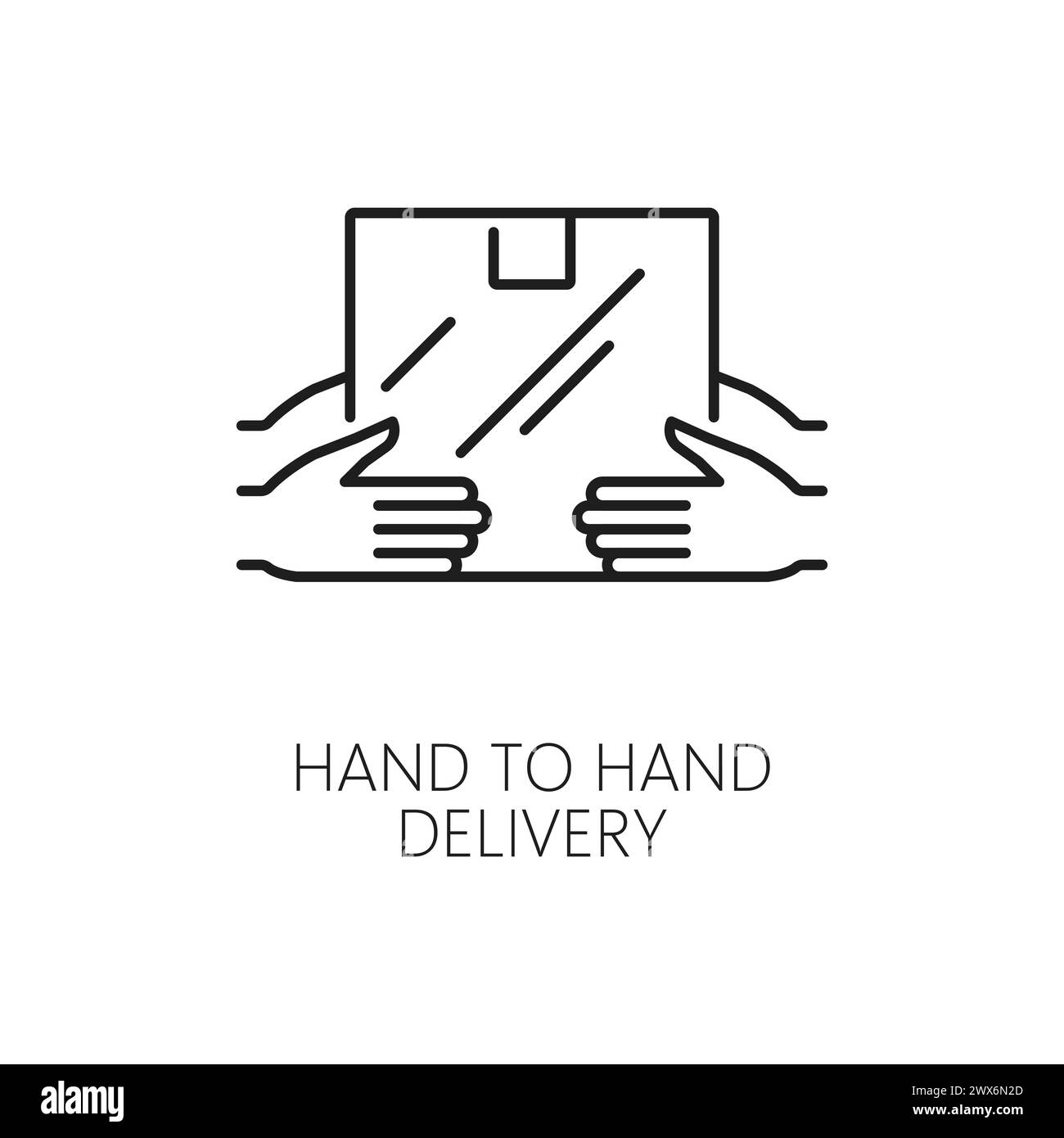 Logistics line icon of hand to hand delivery of parcel box shipment, vector pictogram. Logistics and delivery service linear icon of post package order handling by courier to customer Stock Vector