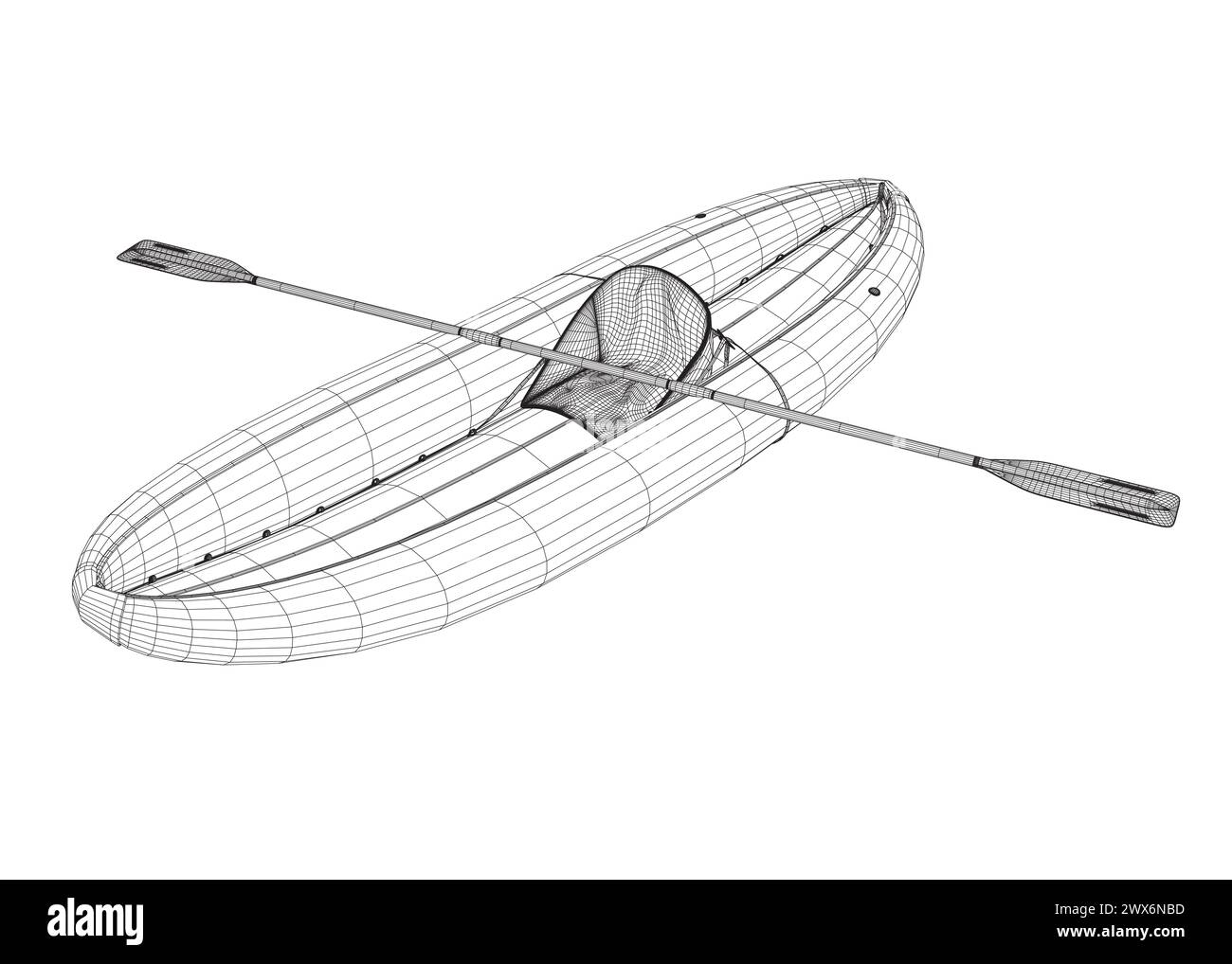 Wireframe of Inflatable Boat With Peddle. Cartoon Simple Style Isolated Vector Illustration On White Background. Rubber inflatable boat transportation Stock Vector