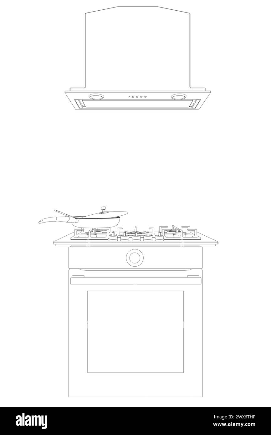Contour of gas stove and hood. Outline oven vector illustration on white background. Vector illustration Stainless oven for cooking. Front view. Stock Vector