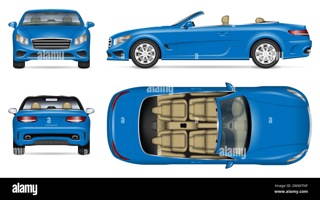 Blue convertible car vector mockup on white for vehicle branding, corporate identity. All elements in the groups on separate layers Stock Vector