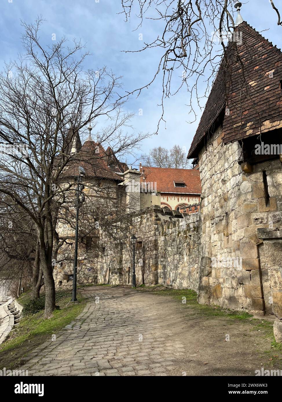 Cobbled footpath at the side of Vajdahunyad Castle in City Park. Stock Photo