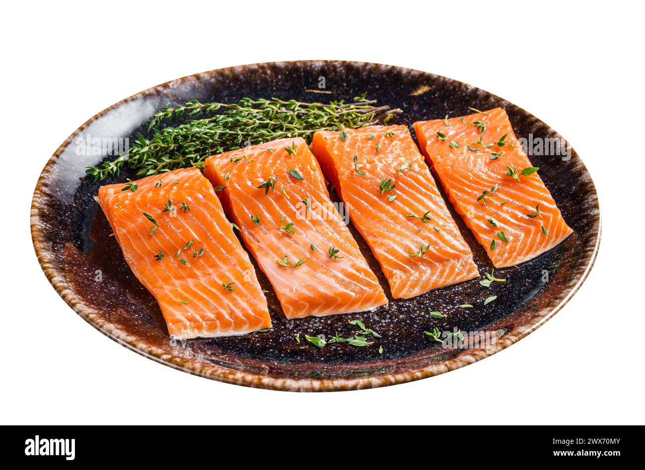 Salmon fillet steaks, raw fish with thyme and herbs. Isolated on white ...