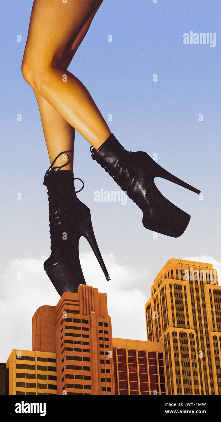 Dance show. Promotional poster for upcoming club event. Giant image of female legs in heeled shoes standing on top of skyscrapers. Contemporary art Stock Photo