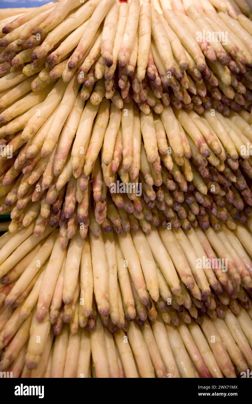 Selling Asparagus, covered market, Hanover, Lower Saxony, Germany, Europe Stock Photo