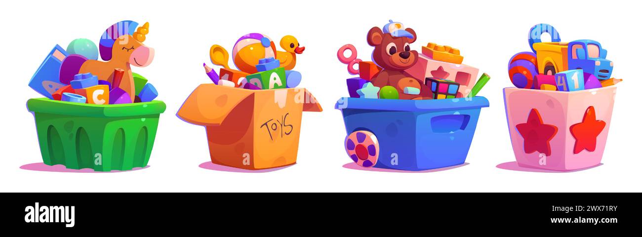 Kid box with bear toy, ball and child car cartoon. Full gift chest collection to play in kindergarten for toddler clipart set isolated on white background. Old teddy and animals stuffed in package Stock Vector