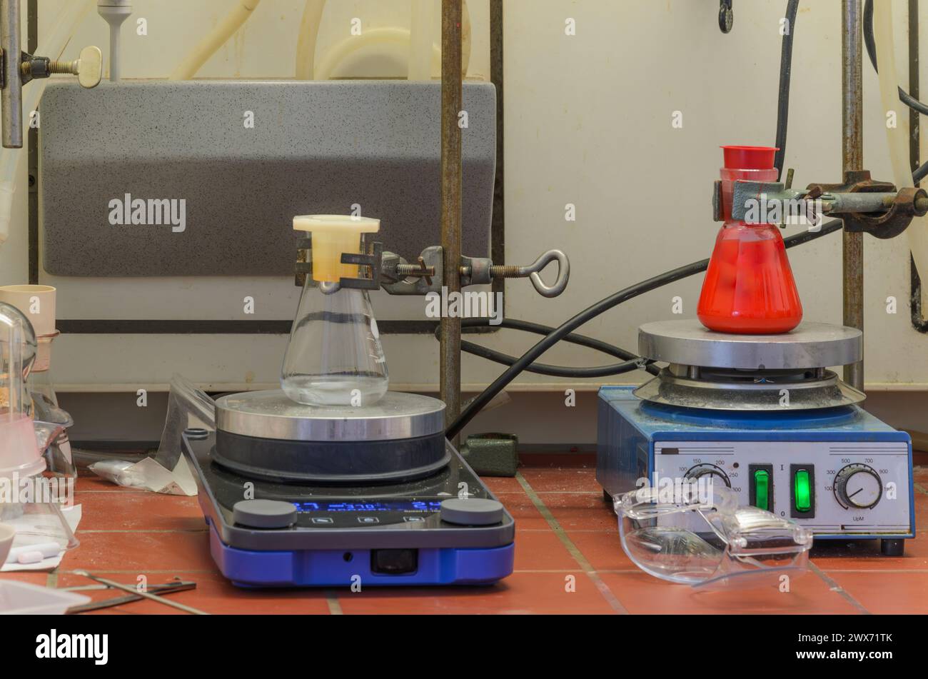 stirrers with beakers in the chemistry laboratory Stock Photo