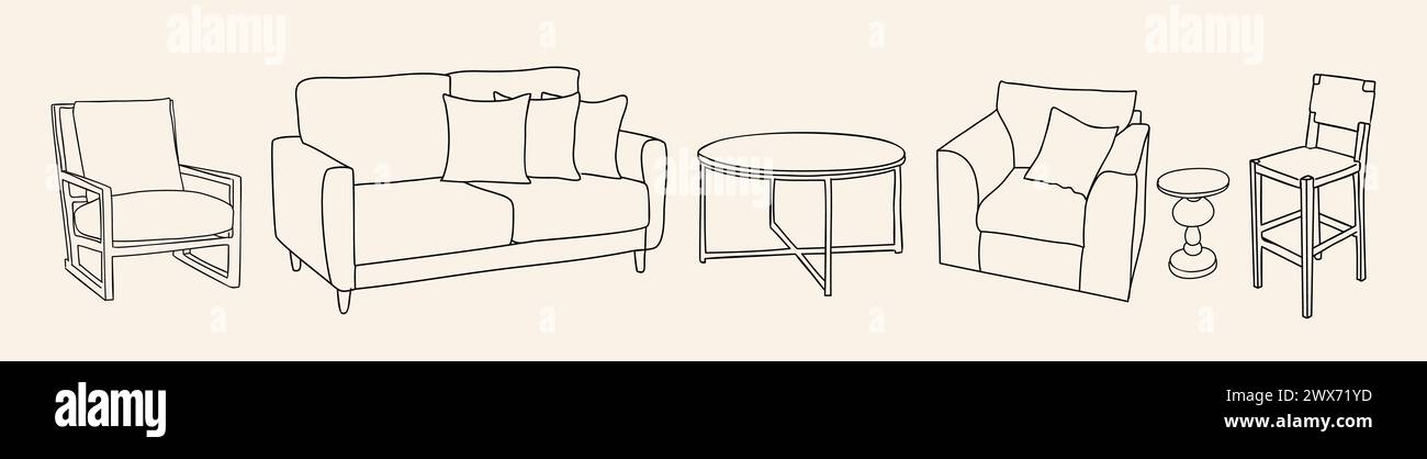 Collection of elegant modern living room furniture Stock Vector