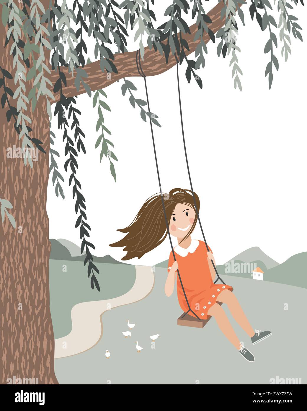 Happy smiling girl with flying in the wind hair on a rope swing above ...