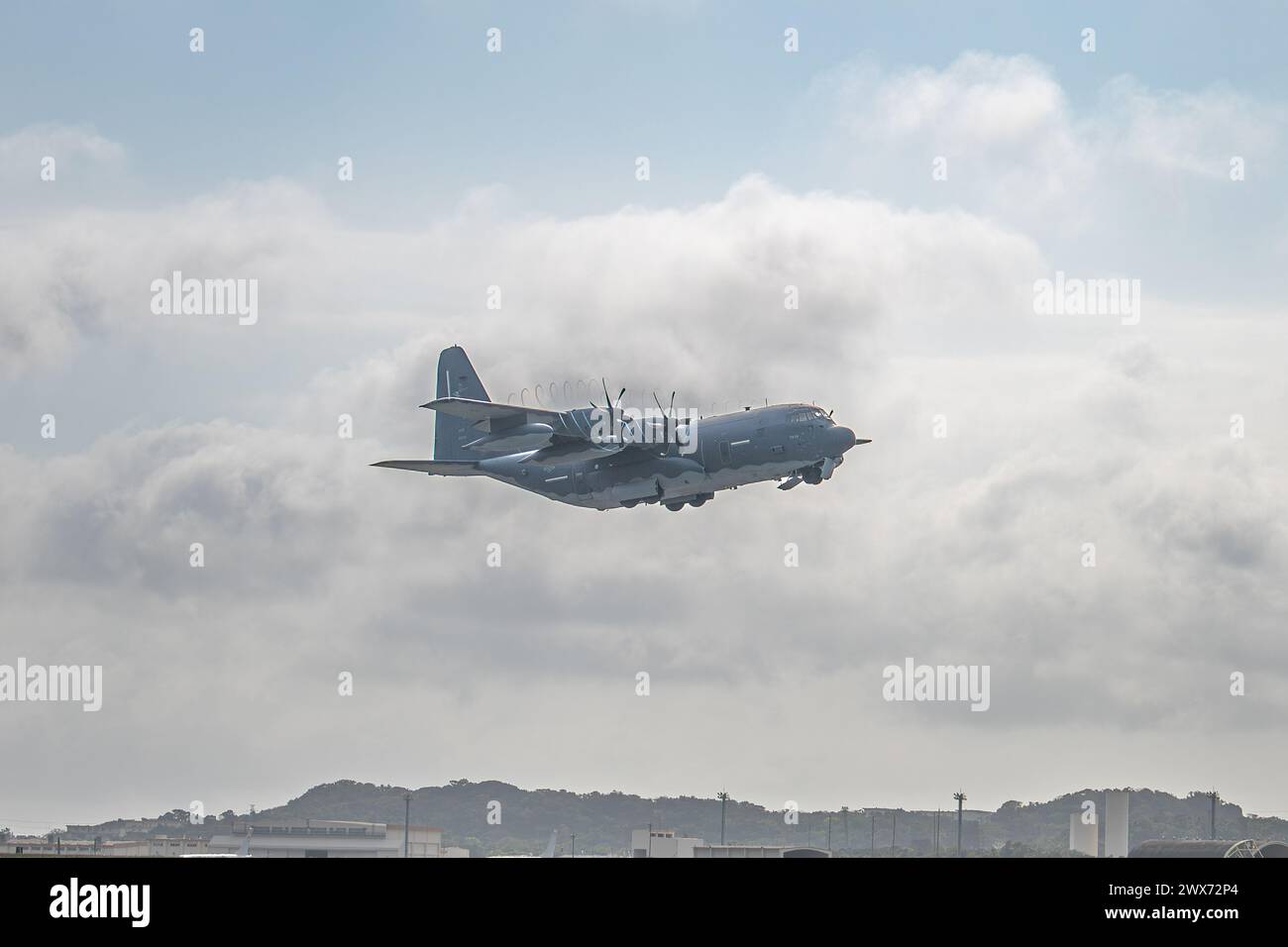 An MC-130J Commando II assigned to the 1st Special Operations Squadron takes off during the Flight of the Flock training event at Kadena A.B., Japan Stock Photo