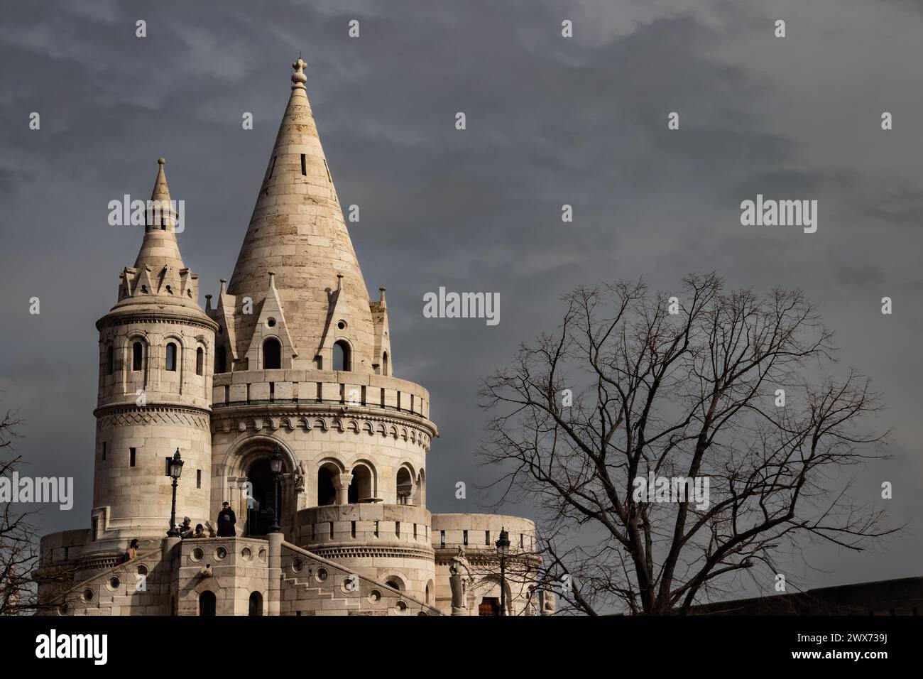 Fisherman's Bastion in Budapest (hungarian: Halszbstya), structure with seven towers representing the Magyar tribes, a Neo-Romanesque gemstone Stock Photo