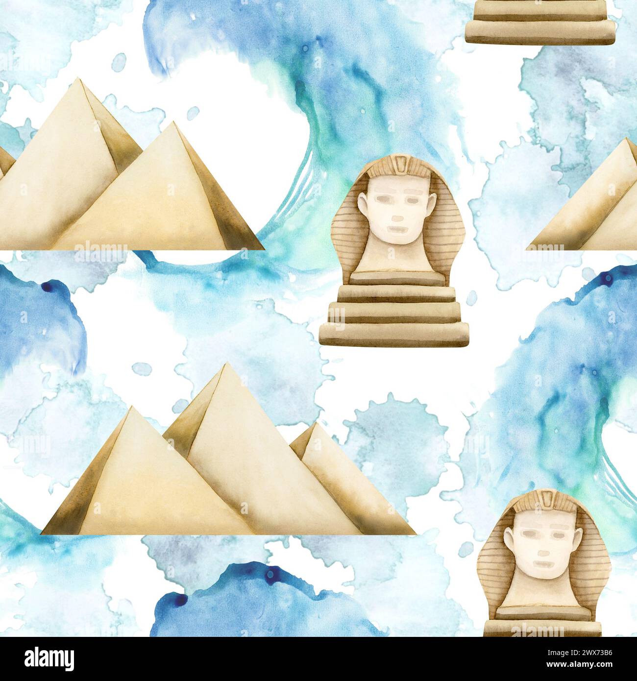 Egypt pyramids, statue of Sphinx and Red sea waves watercolor seamless ...