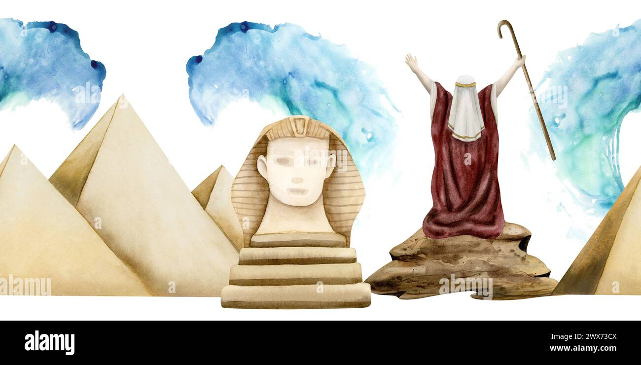 Exodus seamless border with Moses separating Red sea with Egypt pyramids and statue of Sphinx Stock Photo