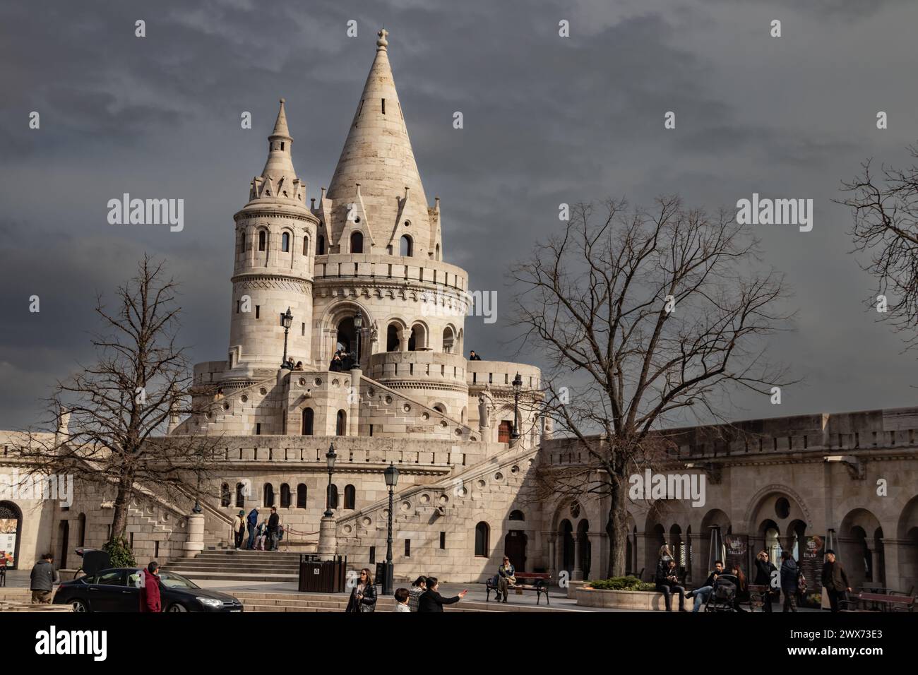 Fisherman's Bastion in Budapest (hungarian: Halszbstya), structure with seven towers representing the Magyar tribes, a Neo-Romanesque gemstone Stock Photo