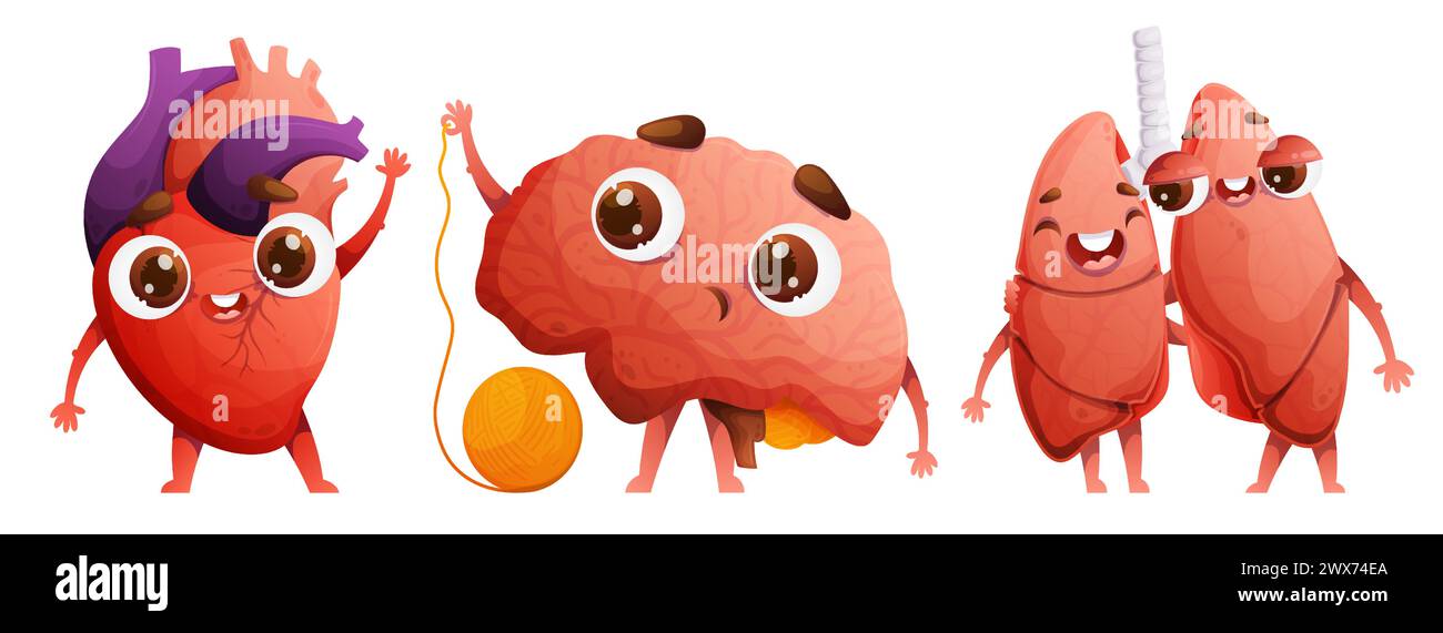 Set of human organs characters in cartoon style. A welcoming waving heart. Couple of lungs in love and hugging. The brain with a surprised face, pulls Stock Vector