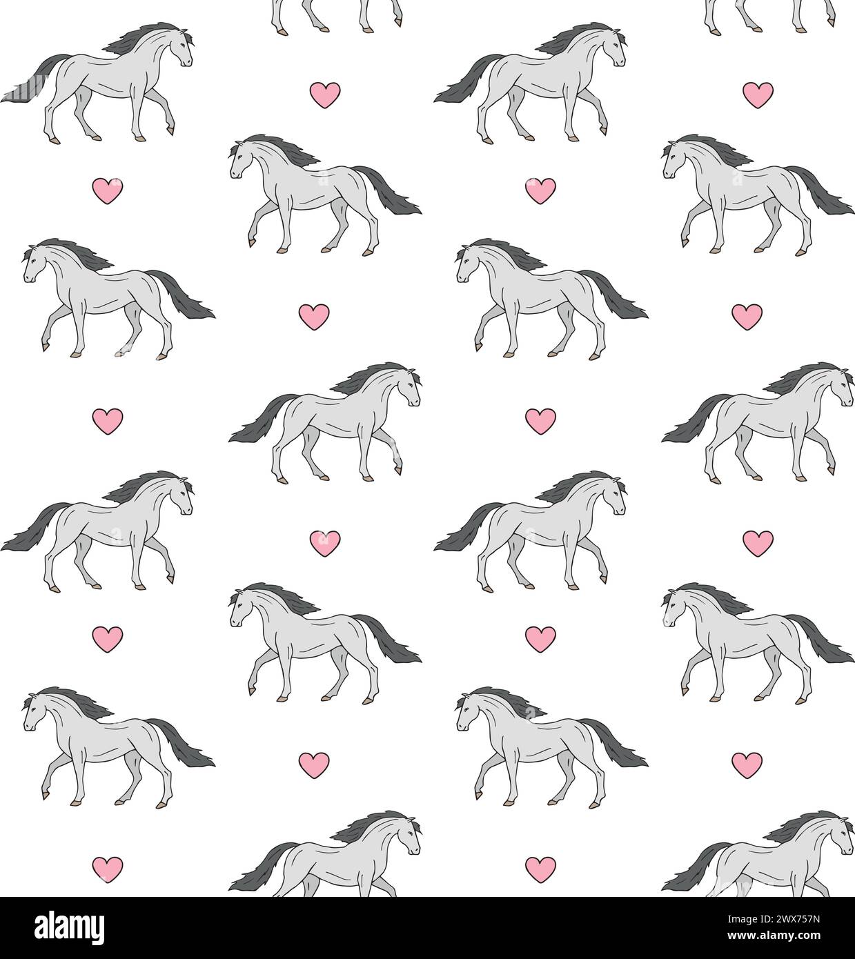 Vector seamless pattern of hand drawn sketch doodle horse and hearts ...