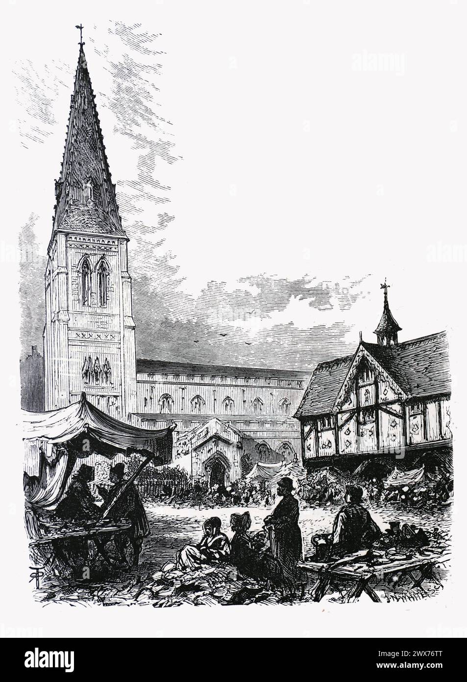 St Dionysius Church and Market Hall (Old Grammar School), Market Harborough, Northamptonshire, in the 19th century. Black and White Illustration from the 'Our Own Country' published by Cassell, Petter, Galpin & Co. Late 19th century. Stock Photo