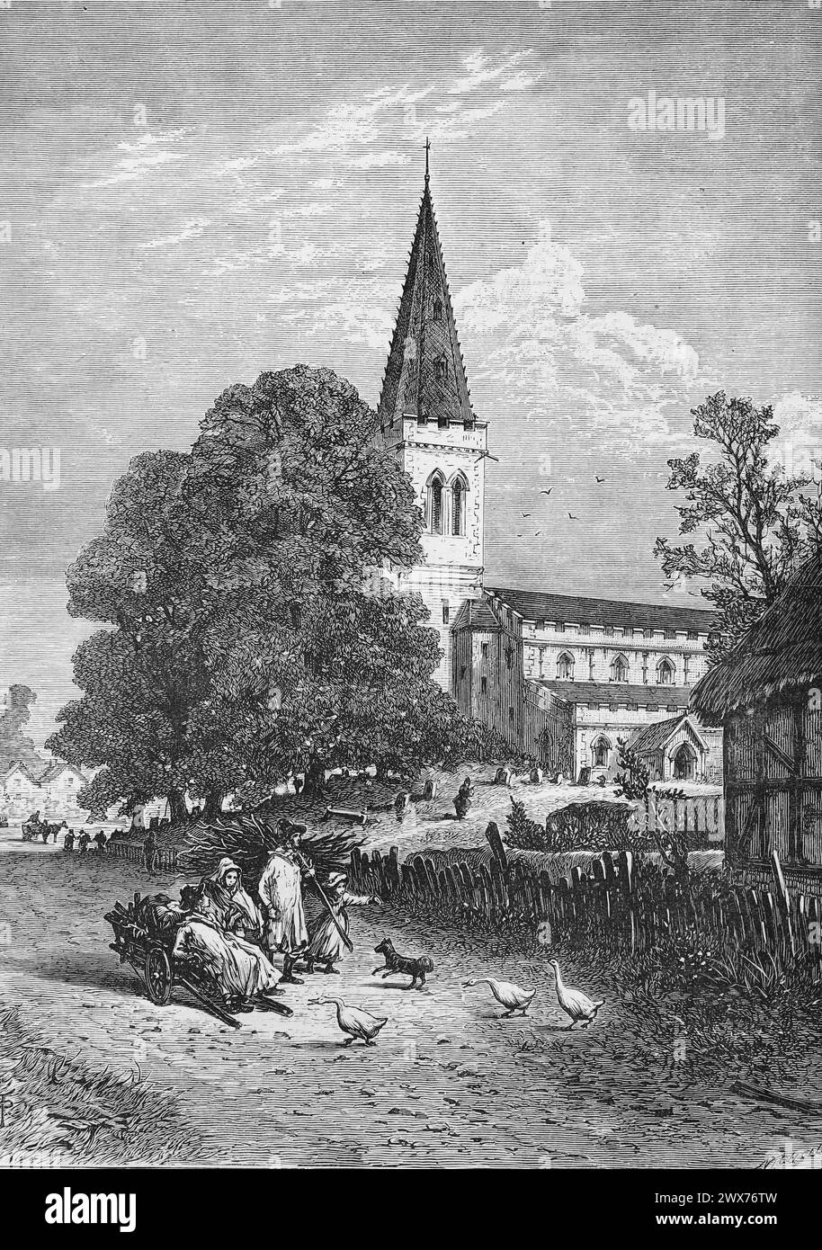 All Saints' Church, Naseby, Northamptonshire in the 19th century. Black and White Illustration from the 'Our Own Country' published by Cassell, Petter, Galpin & Co. Late 19th century. Stock Photo