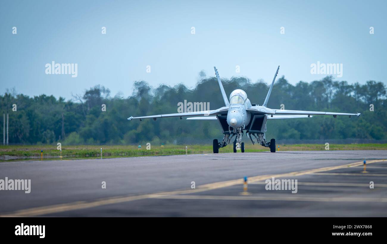 An F/A-18F Super Hornet assigned to the F/A-18F Super Hornet Rhino Demonstration Team lands on the flightline at MacDill Air Force Base, Florida Stock Photo