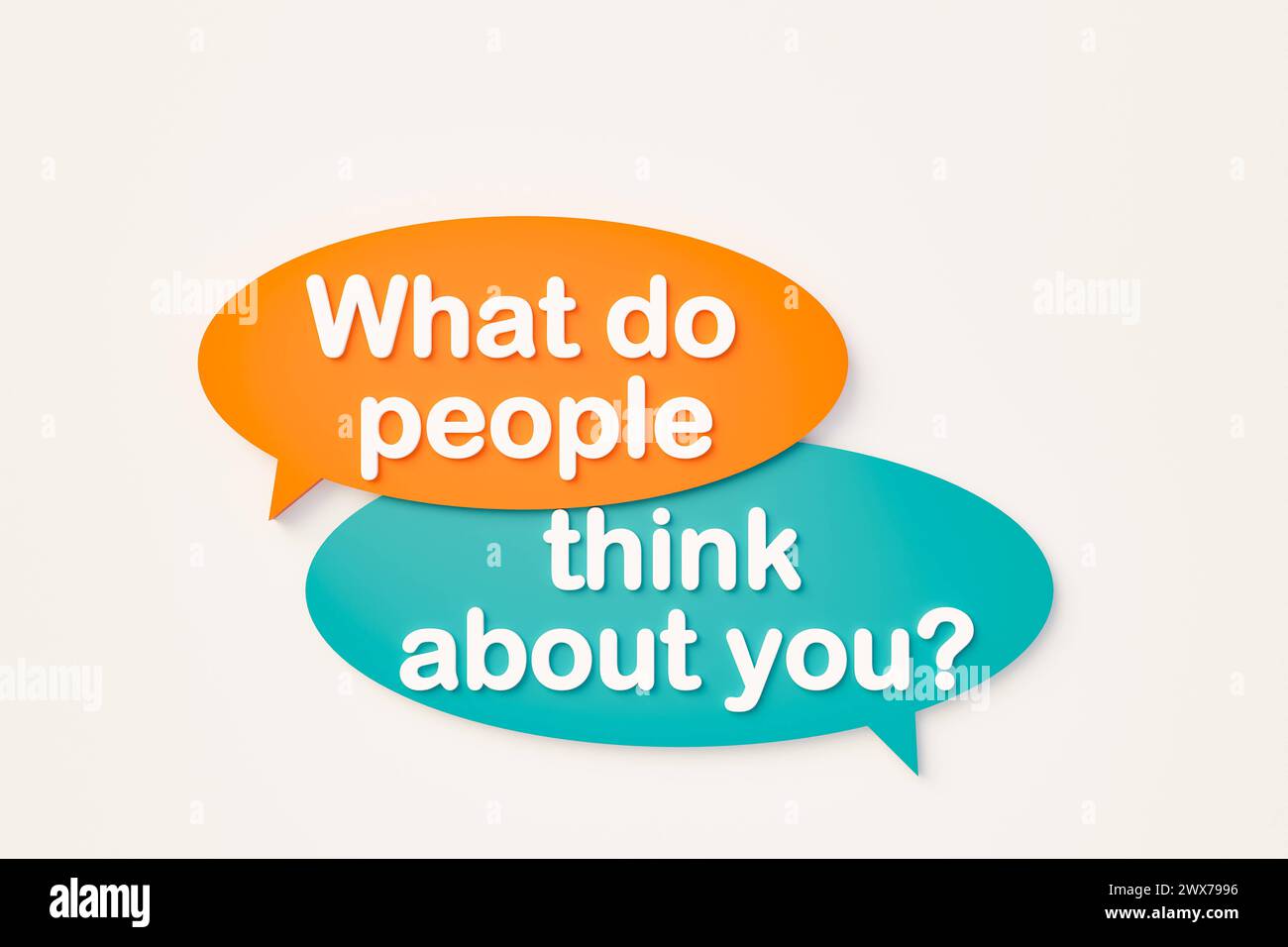 What do people think about you Online speech bubble. What do people think about you Chat bubble in orange, blue colors. Character, personality, appear Stock Photo
