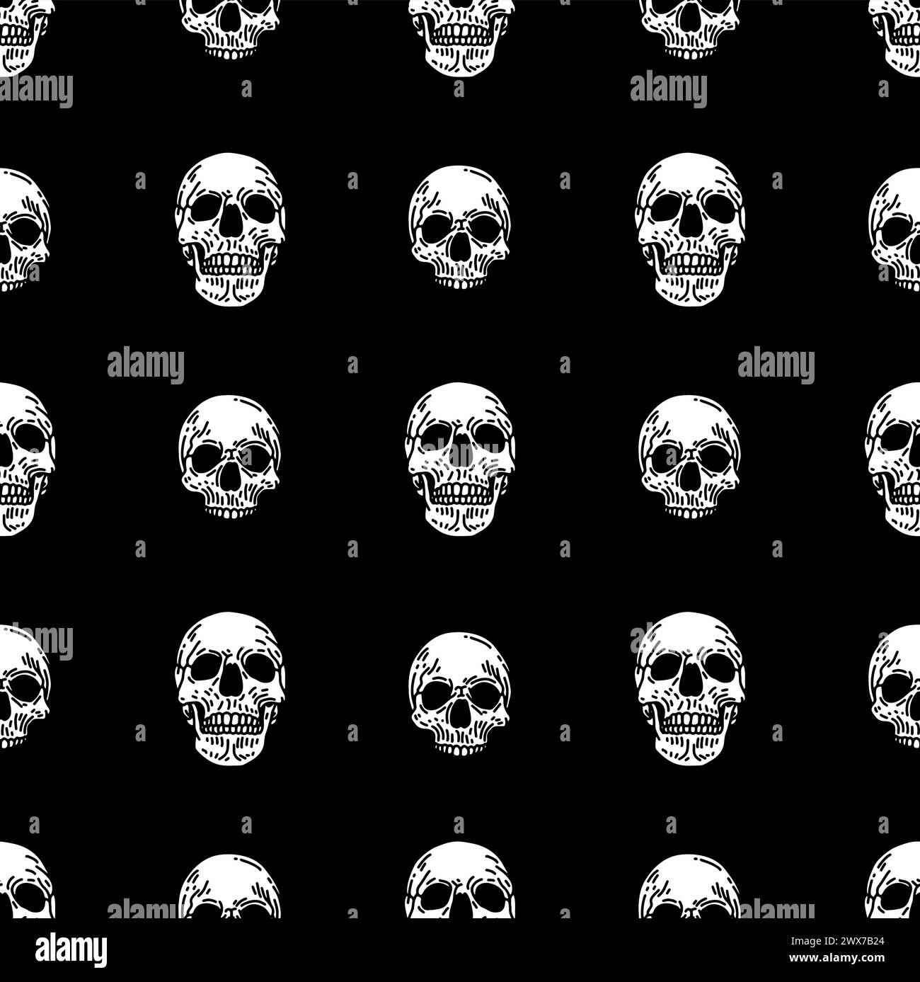 Vector seamless pattern with skulls in black background in retro ...