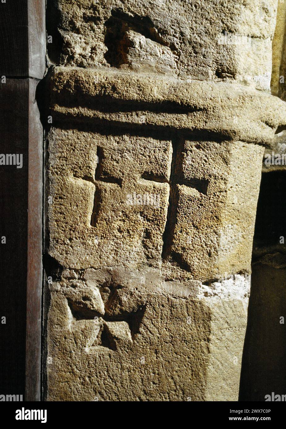 St Nicholas' Church, Shepherdswell. Kent. Scratched crosses in East jamb of South Door 1 April 1991 Stock Photo