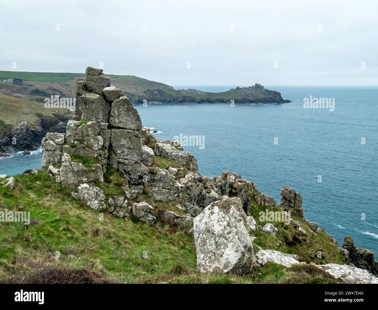 Rocky north cornish coastline and cliffs at Carnelloe with Gurnard's Head in the distance, Cornwall, England, UK Stock Photo