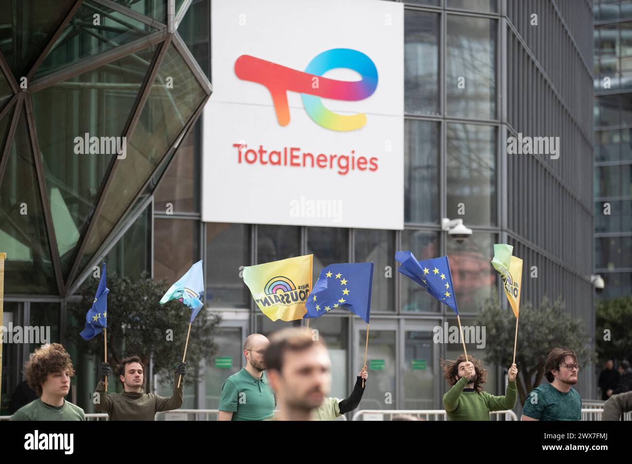 Paris, France. 28th Mar, 2024. Action in front of the Total Energies headquarters tower organized by Marie Toussaint. She proposes to 'take control' of European oil companies. Paris, March 28, 2024. Photos by Jérémy Paoloni/ABACAPRESS.COM Credit: Abaca Press/Alamy Live News Stock Photo