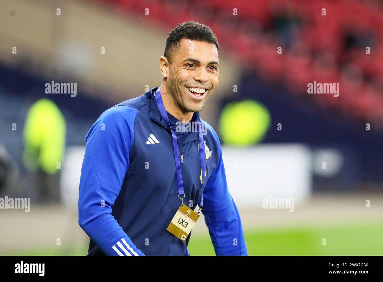 JOSH MAGENNIS, professional football player, playing for the Northern Ireland National team. Image taken during a training and warm up session. Stock Photo