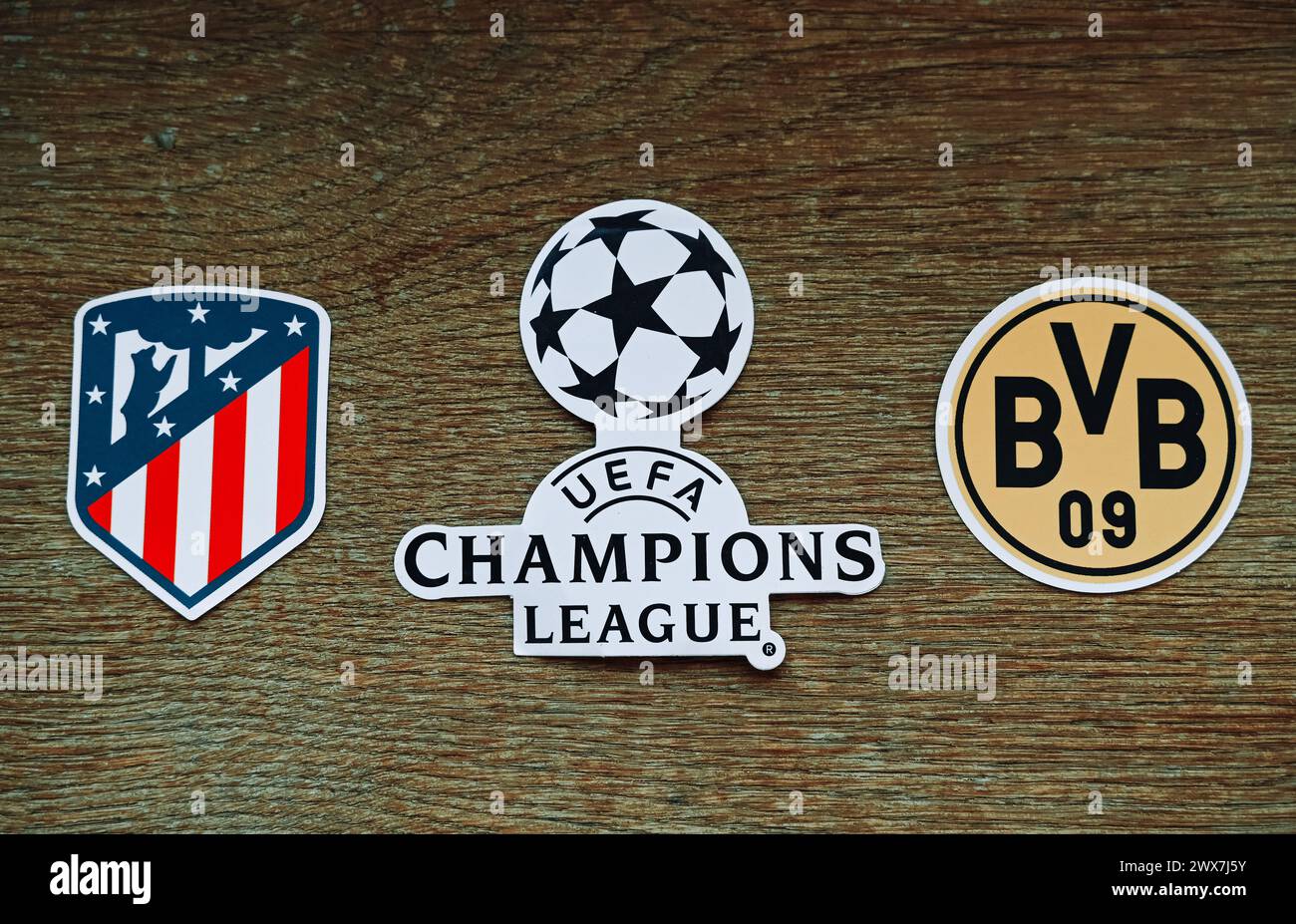 March 20, 2024, London, United Kingdom. The emblems of the football clubs participating in the Champions League playoffs Atletico Madrid and Borussia Stock Photo