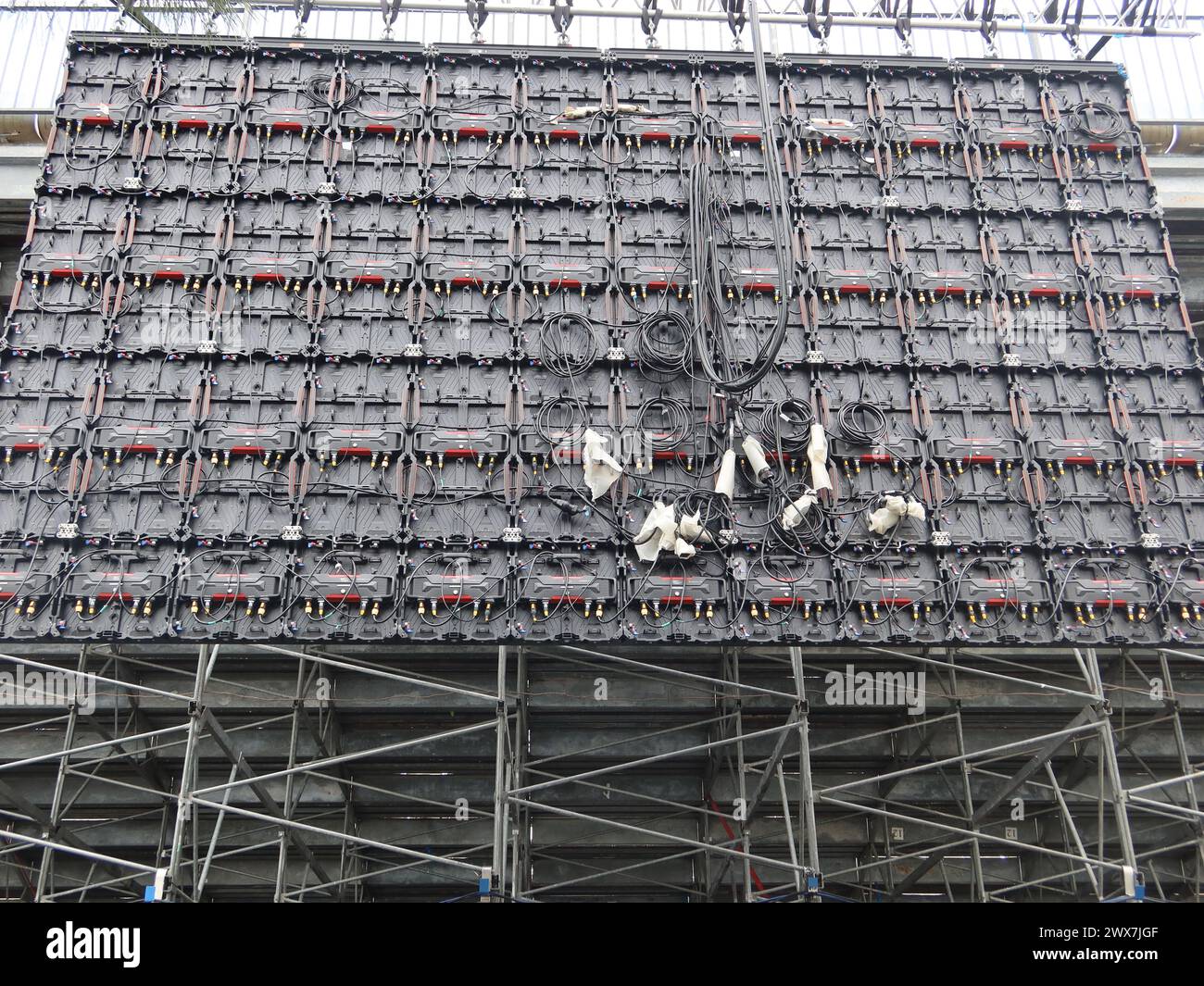 Big Screen Rear View Close-up, rear view of one of the giant banks of TV screens with all ...