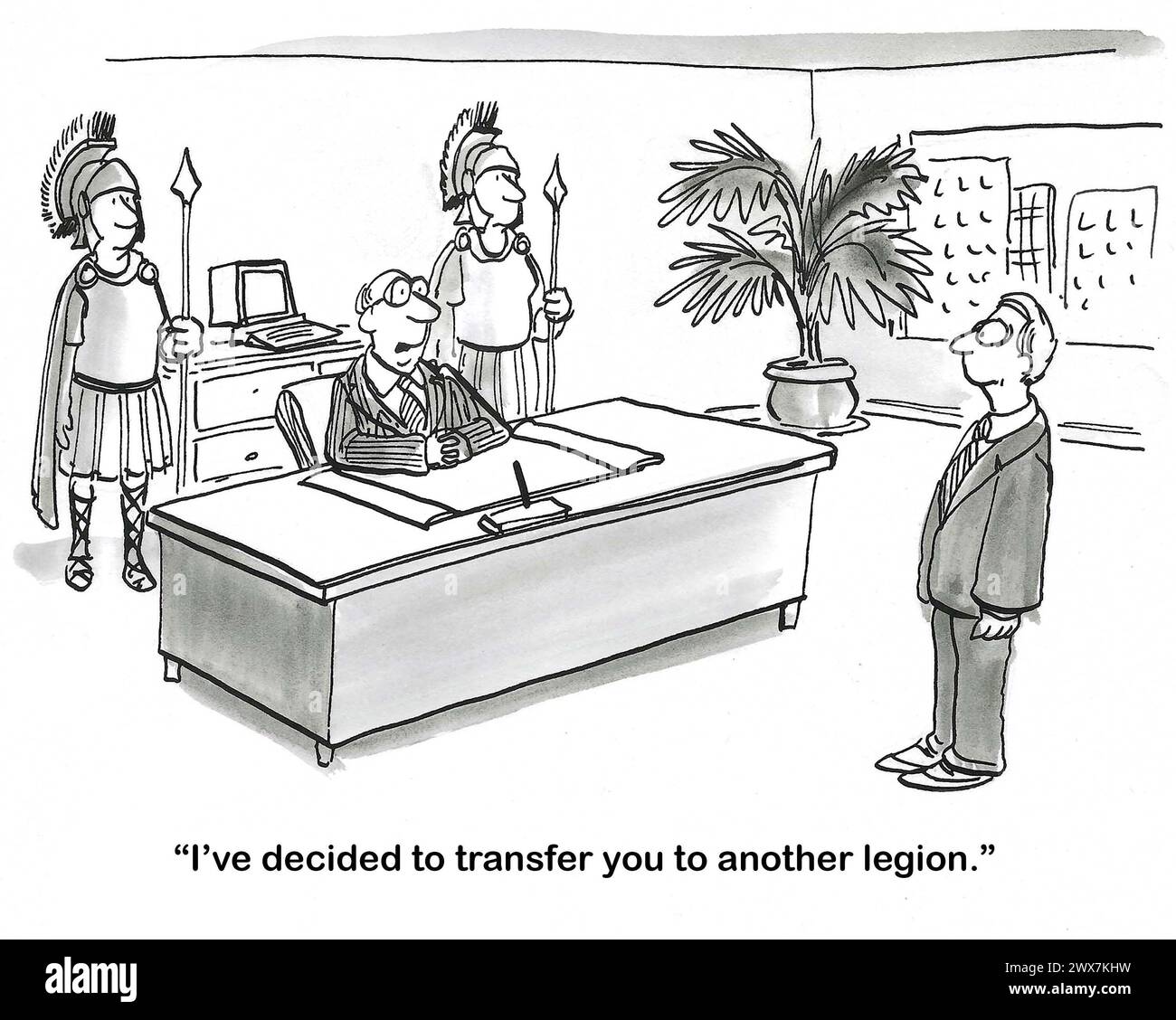 BW cartoon of a company made up of legions, the manager is being transferred to a new legion. Stock Photo
