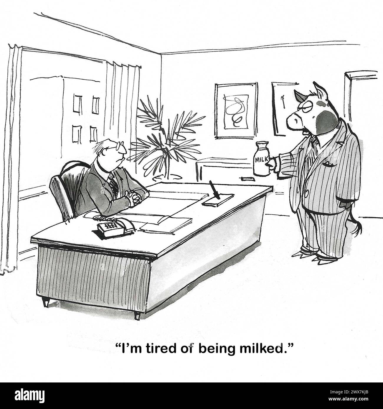 BW cartoon of a cow manager telling its human boss it is tired of being milked. Stock Photo