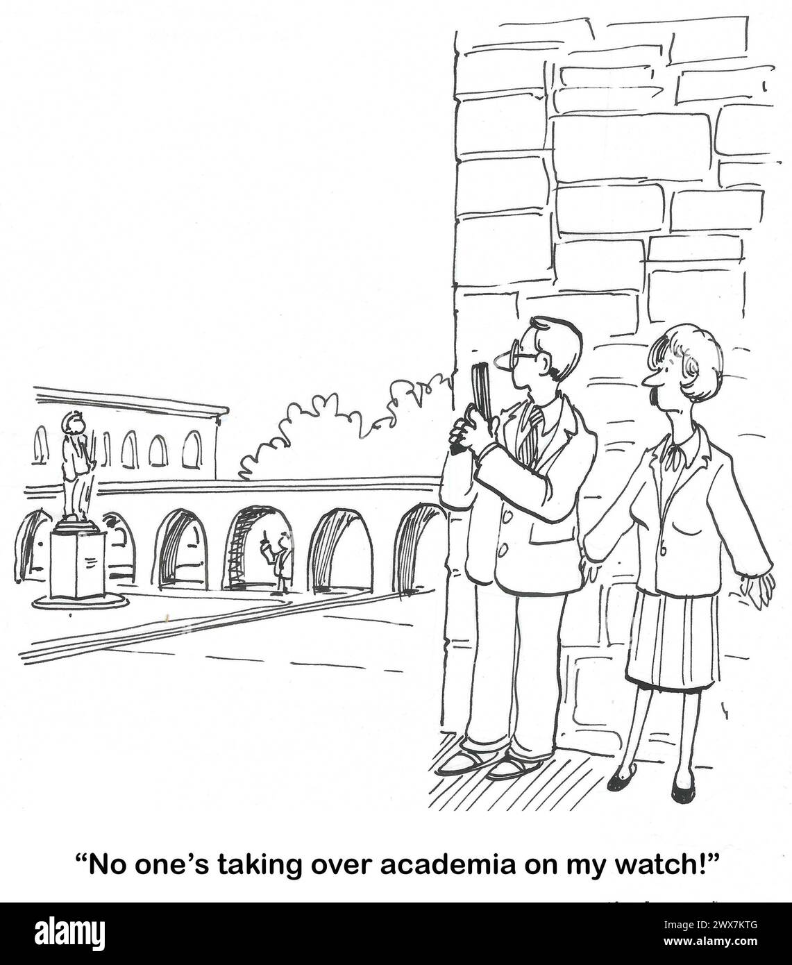 BW cartoon of academics starting to shoot guns as the enemy tries to take over academia. Stock Photo