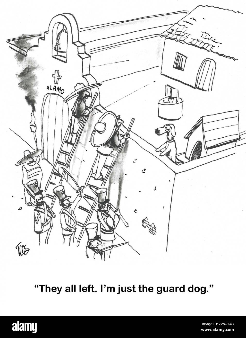 BW cartoon of a guard dog at the Alamo. He's the only one left as the