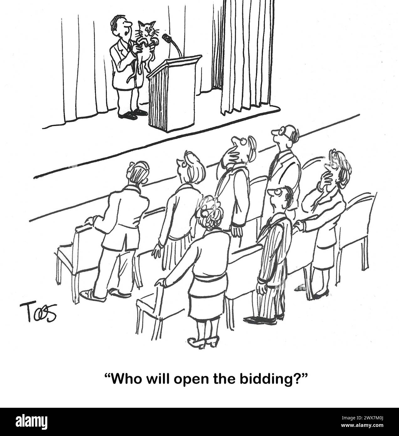 BW cartoon of a cat being bid on at auction. Stock Photo