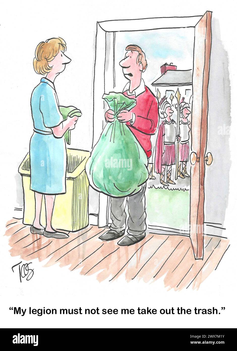 Color cartoon of a husband embarrassed to let his legion see he is taking out the household trash. Stock Photo
