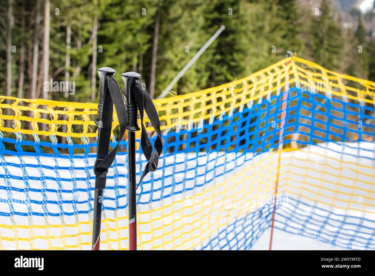 ski poles on the slope for snowboarders and skiers. leisure Stock Photo ...