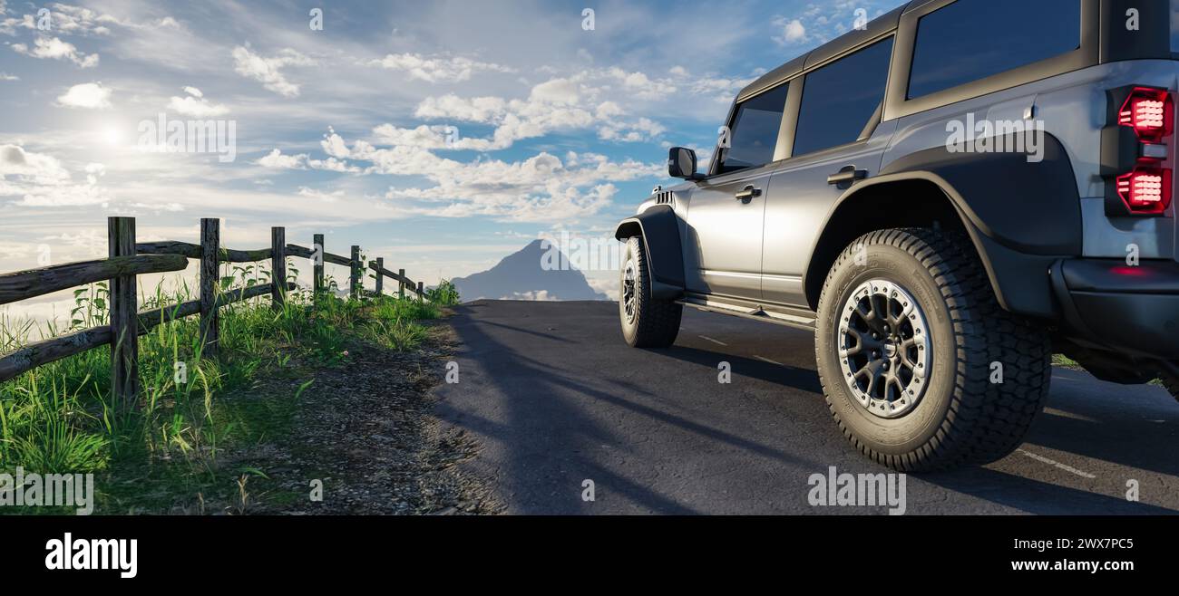 Ford Bronco Raptor on a road with rocky mountain landscape in background. 3d Rendering Stock Photo