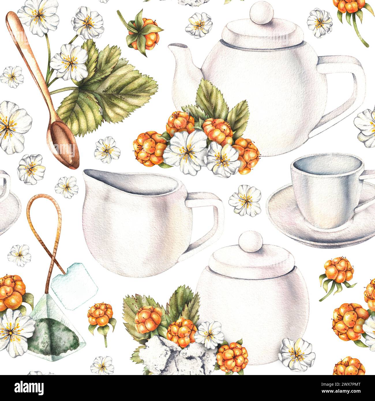 Watercolor seamless pattern with tea, cloudberries and tea ceremony. Botanical seamless pattern with hand drawn tea supplies for textile, fabric, wall Stock Photo